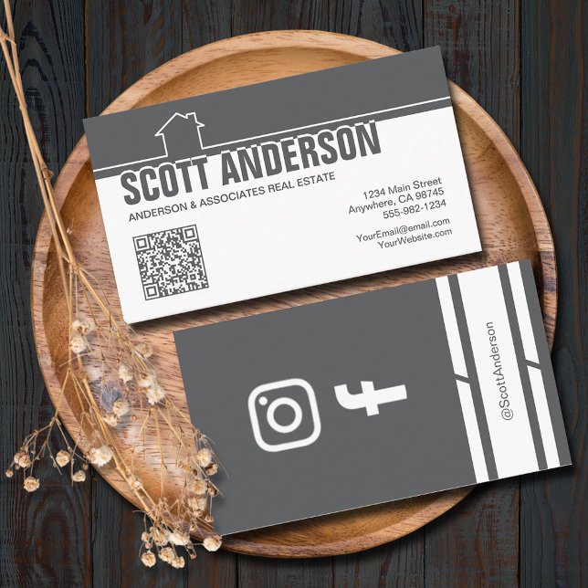 Modern Home Logo Social Media QR Code Grey Visitkort (Home logo QR Code social media grey-white business cards - real estate, cleaning, construction)