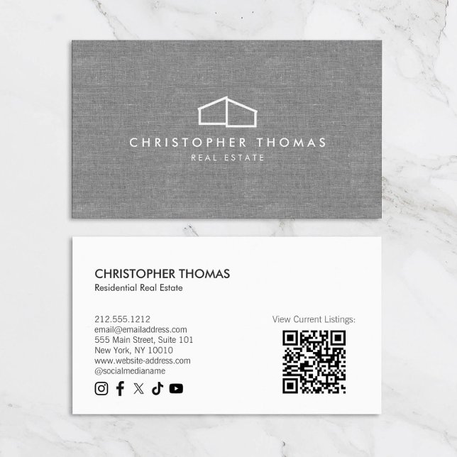 Modern Home Logotyp Real Gods Grått Linen QR-kod Visitkort (Skapare uppladdad)