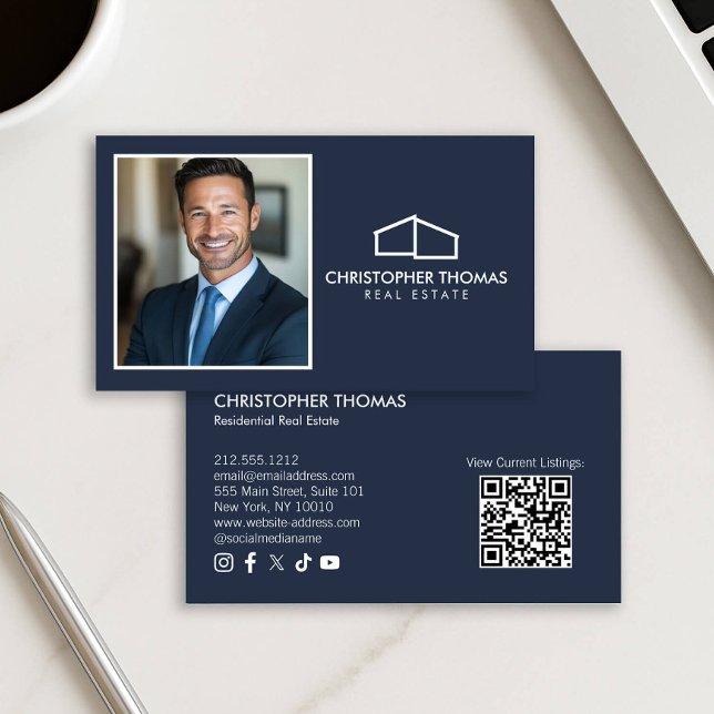 Modern Home Logotyp Realtor Photo Navy Blue Visitkort (Skapare uppladdad)