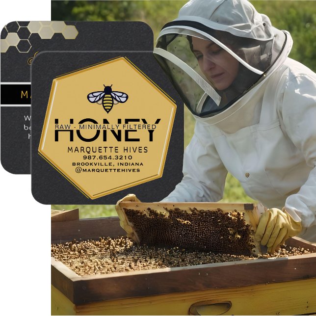 Modern Honeycomb Bee Black Gult Honungsbiodling Fyrkantigt Visitkort (Skapare uppladdad)