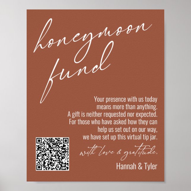 Modern Honeymånfond QR Code Terracotta Sign Poster (Framsidan)