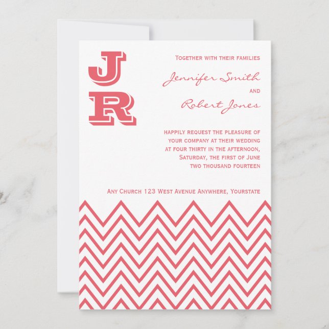Modern honeysuckle Rosa Chevron bröllopsinbjudning Inbjudningar (Framsida)