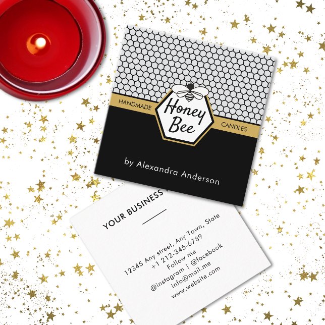 Modern Honungsbee Apiary Honeycomb Black Gult Fyrkantigt Visitkort (Modern Honey Bee Apiary Honeycomb Black Yellow Square Business Card)