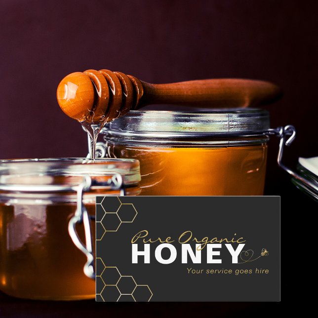 Modern Honungsbin Guld Honeycomb Black Visitkort (Modern Honey Bees Gold Honeycomb Black Business Card)
