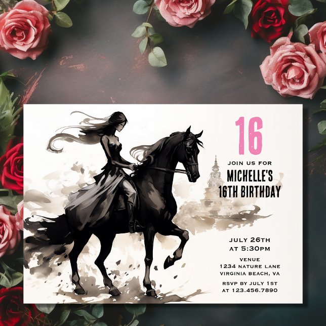 Modern Horse and Girl Mode Bläck Sketch Birthday Inbjudningar (Front - Modern Horse and Girl Fashion Ink Sketch Birthday Invitation)