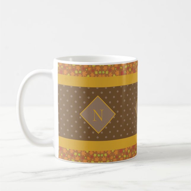 Modern Höst löv Monogram Brown Polka Dot Kaffemugg (Vänster)