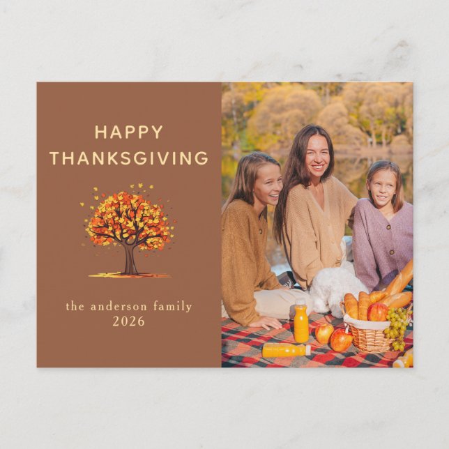 Modern Höst Träd Familjefoto Glad Thanksgiving Helg Vykort (Framsida)