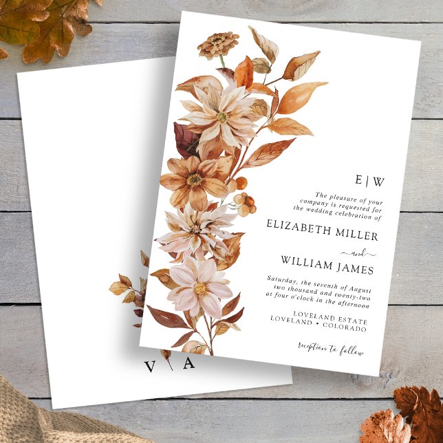 Modern höstblommig bröllopsinbjudan inbjudningar (Modern Fall Floral Wedding Invitation Monogrammed by Painted Paperie
)