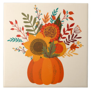 Modern höstblommor i Pumpkin Kakelplatta