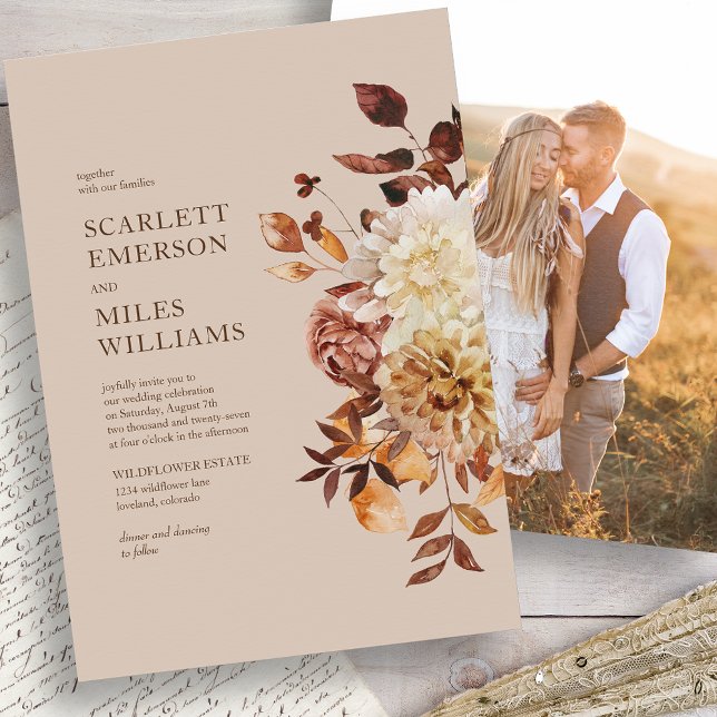 Modern höstbröllopsfoto inbjudningar (Taupe Modern Photo Fall Wedding Invitation by Painted Paperie
)