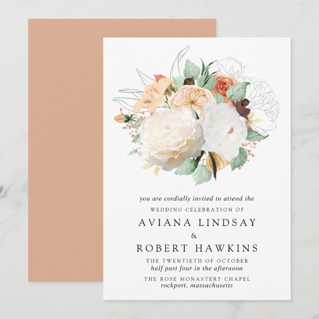 Modern Hösten Ro och Peony Bouquet Bröllop Inbjudningar (Fram/baksida)