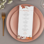 Modern hösthöstfallare terracotta folie bröllop meny<br><div class="desc">Den moderna orustiska höstregnet har brunnit orange terracotta vattenfärgen botaniska blommor löv och elegant anpassningsbar-menykort för .</div>