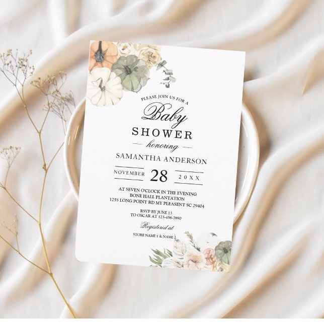 Modern höstlig baby shower | Akvarellpumpa Inbjudningar (Skapare uppladdad)