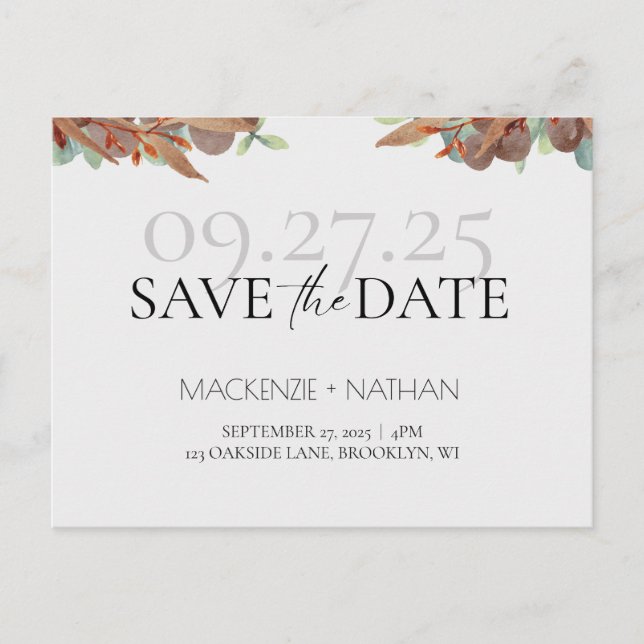 Modern höstlöv höstbröllop Spara datum Meddelande Vykort (Framsida)