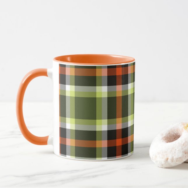 Modern höstlövspattern i orange och khaki mugg (Med munk)