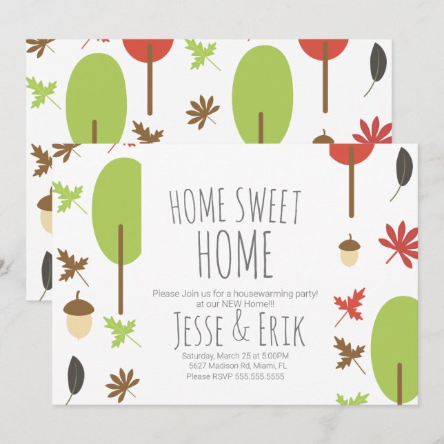 Modern höstträd och grönska inflyttningsfest inbjudningar (Fram/baksida)