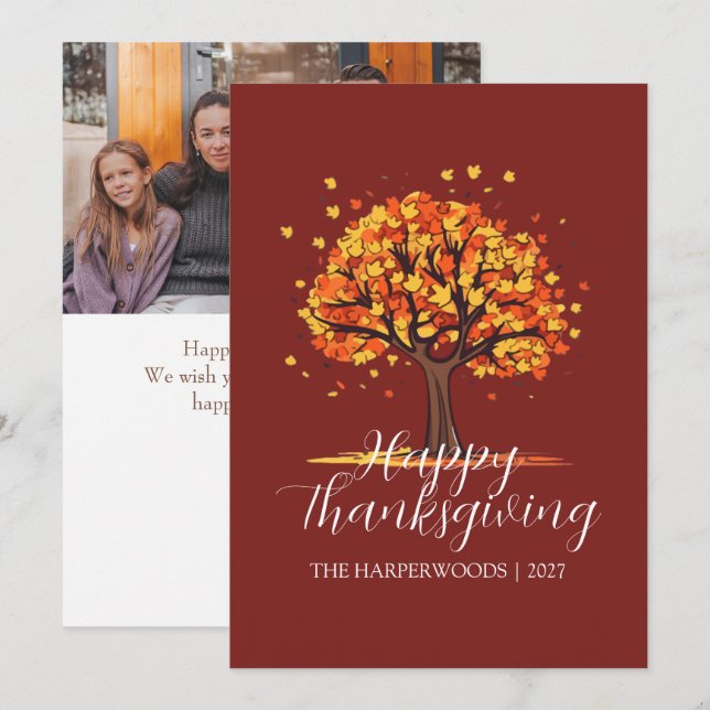 Modern höstträdfamiljs tacksgiving julkort (Fram/baksida)
