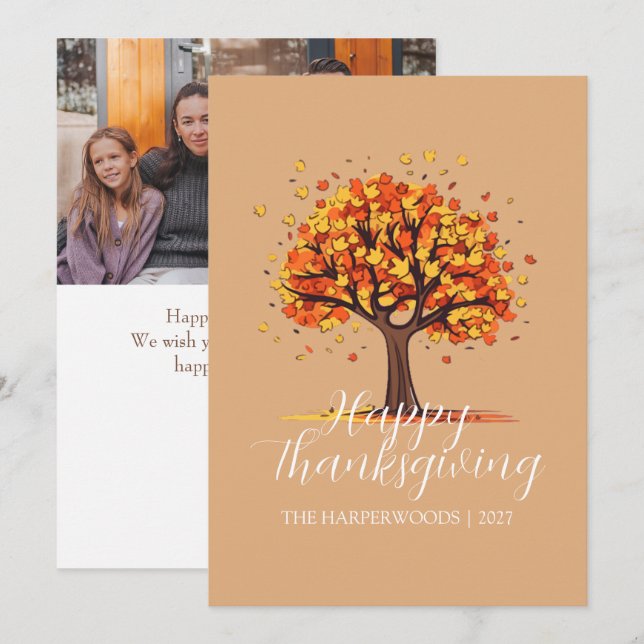 Modern höstträdfamiljs tacksgiving julkort (Fram/baksida)