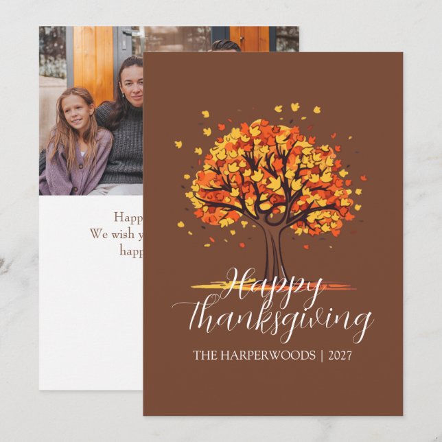 Modern höstträdfamiljs tacksgiving julkort (Fram/baksida)