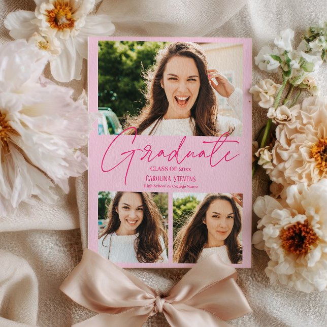 Modern hot pink 3 photos collage graduation meddelande (Modern hot pink 3 photos collage graduation announcement)
