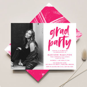 Modern Hot Pink Brush Script Foto-Studentfest Inbjudningar