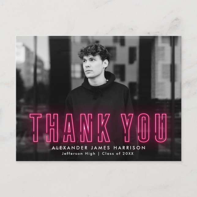 Modern Hot Pink Neon Foto Tackkort för Examen Vykort (Framsida)