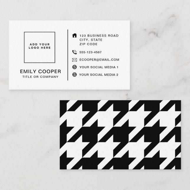 Modern Houndstooth Add Logotyp Black and White Visitkort (Fram/baksida)