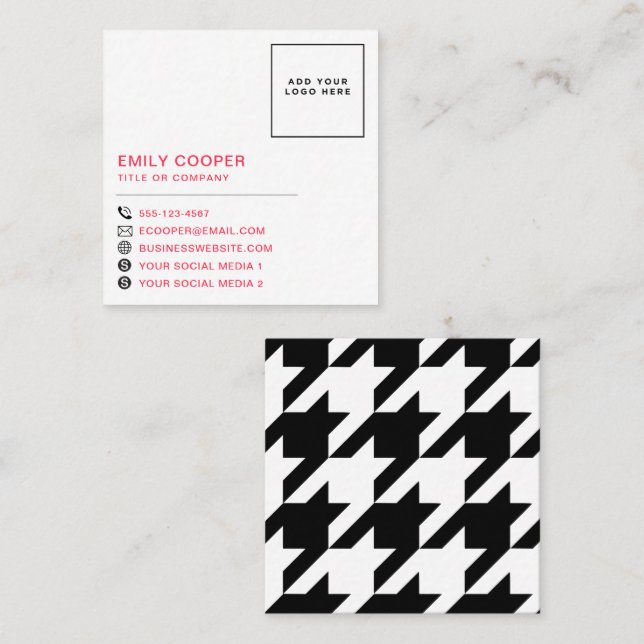 Modern Houndstooth Add Logotyp Black White Fyrkantigt Visitkort (Fram/baksida)