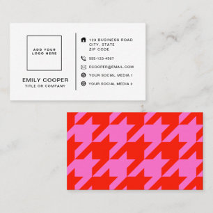 Modern Houndstooth Add Logotyp Neon Rosa and Red Visitkort