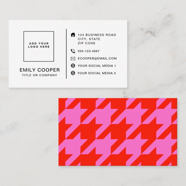 Modern Houndstooth Add Logotyp Neon Rosa and Red Visitkort (Fram/baksida)