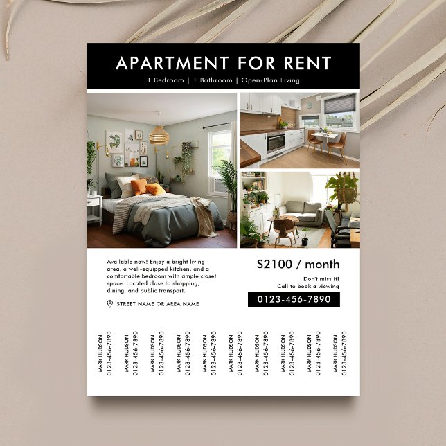 Modern House Egendom för hyrda remsor Reklamblad (Minimalist modern property for rent tear off flyer with property photos and fully editable text)