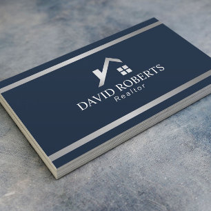 Modern House Logotyp Real Gods Realtor Navy Silver Visitkort