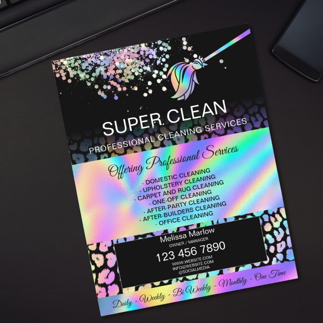 Modern Housekeeping House Cleaning Maid Janitor Reklamblad (holographic cleaning services leopard texture business cards)