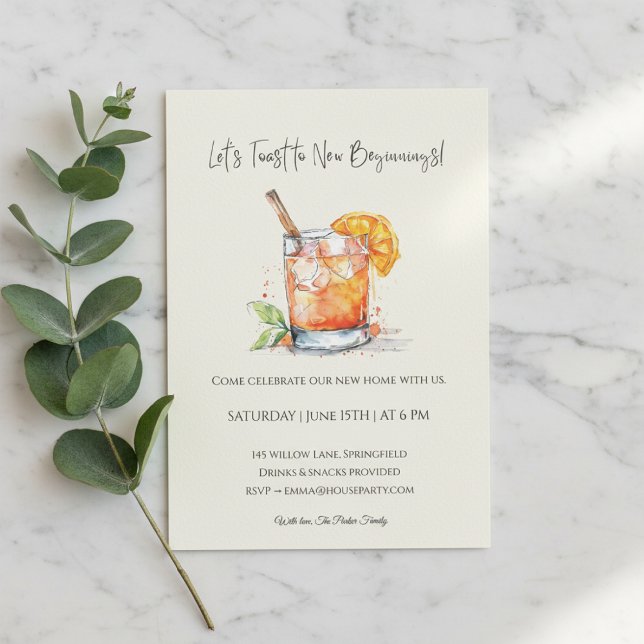 Modern Housewarming Invitation • New Home  Inbjudningar (Housewarming invitation with watercolor cocktail on marble background and eucalyptus branch.)