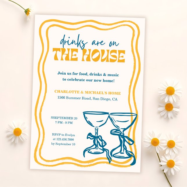 Modern Housewarming Party Drinks Are On the House Inbjudningar (Fun Housewarming Party Invitation – “Drinks Are on the House”)