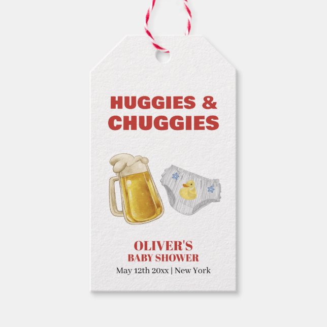 Modern Huggies Chuggies Beer Diaper Baby Shower  Presentetikett (Framsidan)