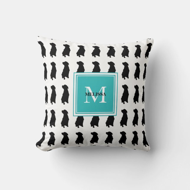 Modern hund hundar siluett teal monogram namn kudde (Framsida)