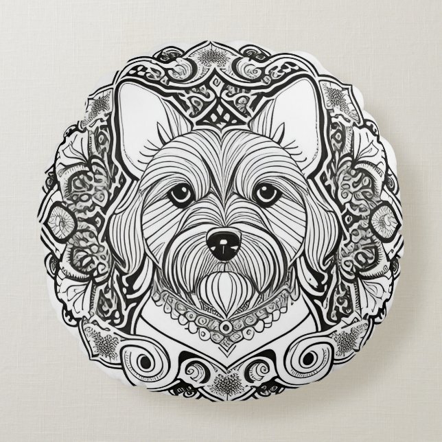 Modern Hund Linjedragning Minimalistisk Husdjursko Rund Kudde (Framsidan)