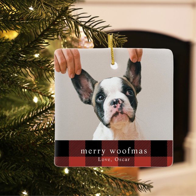 Modern Hund Photo Red Buffalo Play Merry Woofmas Julgransprydnad Keramik (Skapare uppladdad)