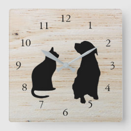 Modern hund silhouettes pets wooden-bakgrund fyrkantig klocka