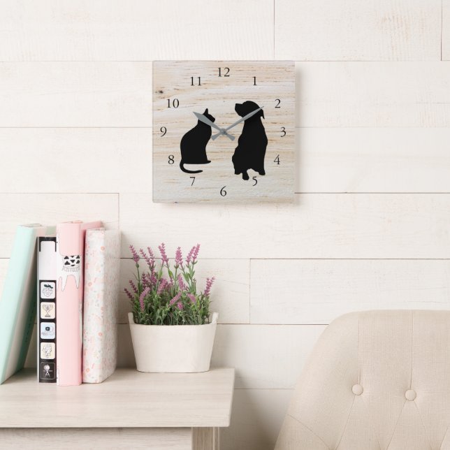 Modern hund silhouettes pets wooden-bakgrund fyrkantig klocka (Läsesal)