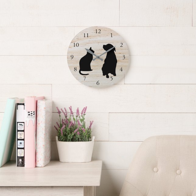 Modern hund silhouettes pets wooden-bakgrund stor klocka (Läsesal)