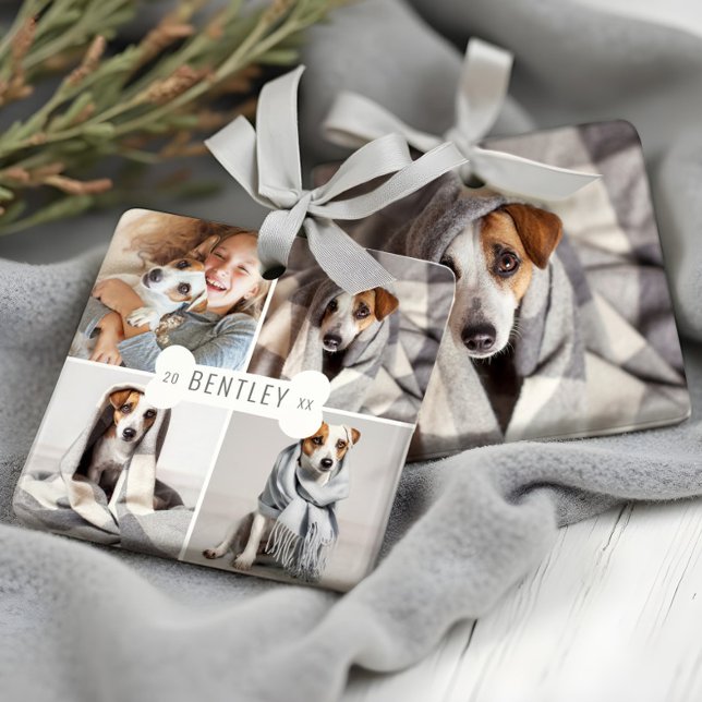 Modern hundben-fotokollage med fyra bilder julgransprydnad keramik (Dog Bone Modern Four Photo Pet Collage Ceramic Ornament)