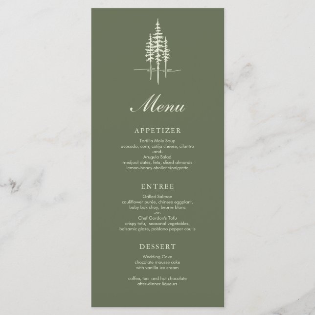 Modern Hunter Gree Träd Forest Rustic Bröllop Menu Meny (Framsida)