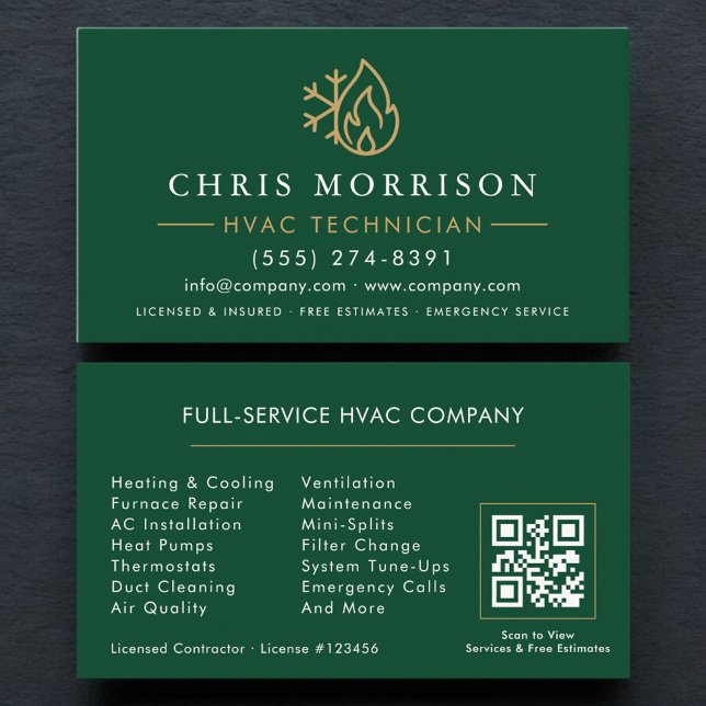 Modern HVAC Green Gold QR-kod Visitkort (Skapare uppladdad)