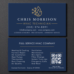 Modern HVAC Navy Blue Guld QR-kod Visitkort