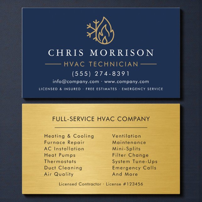 Modern HVAC Navyblå Guld Logotyp Visitkort (Skapare uppladdad)