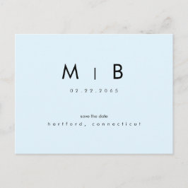 Modern Ice Blue Monogram Bröllop spara datum Vykort