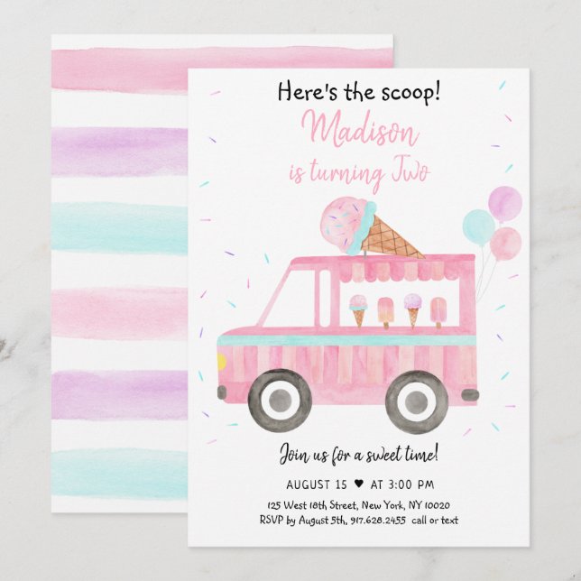 Modern Ice Cream Lastbil Här är The Scoop Birthday Inbjudningar (Fram/baksida)