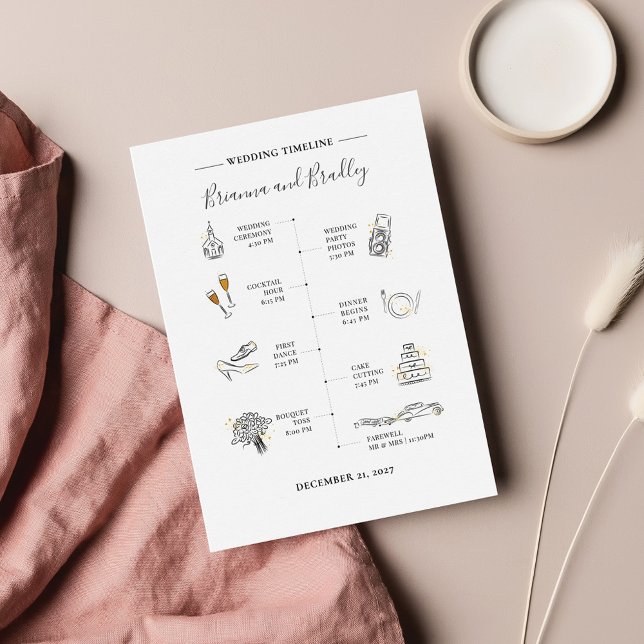 Modern Icon-Bröllopsdag - Itinerär Anteckningskort (Modern Wedding Timeline with icons Program)